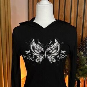 VTG 00s/Y2K Rue21 Black Ribbed Butterfly Graphic Long Sleeve Hoodie Top Large